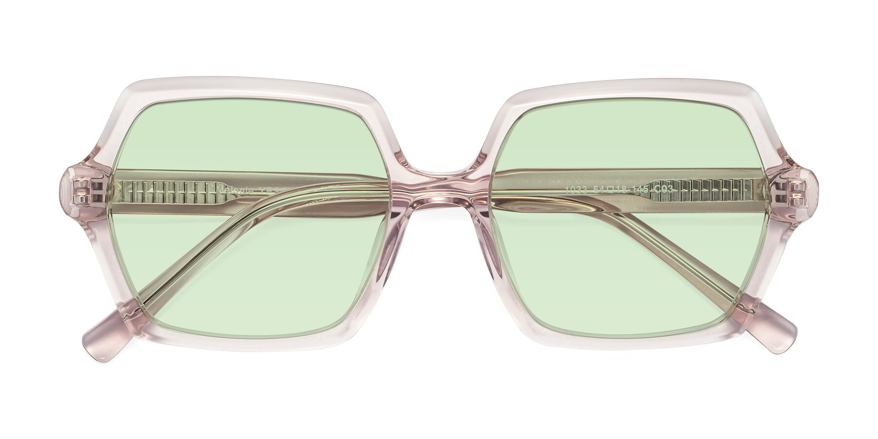 Folded Front of Melanie in Transparent Pink with Light Green Tinted Lenses