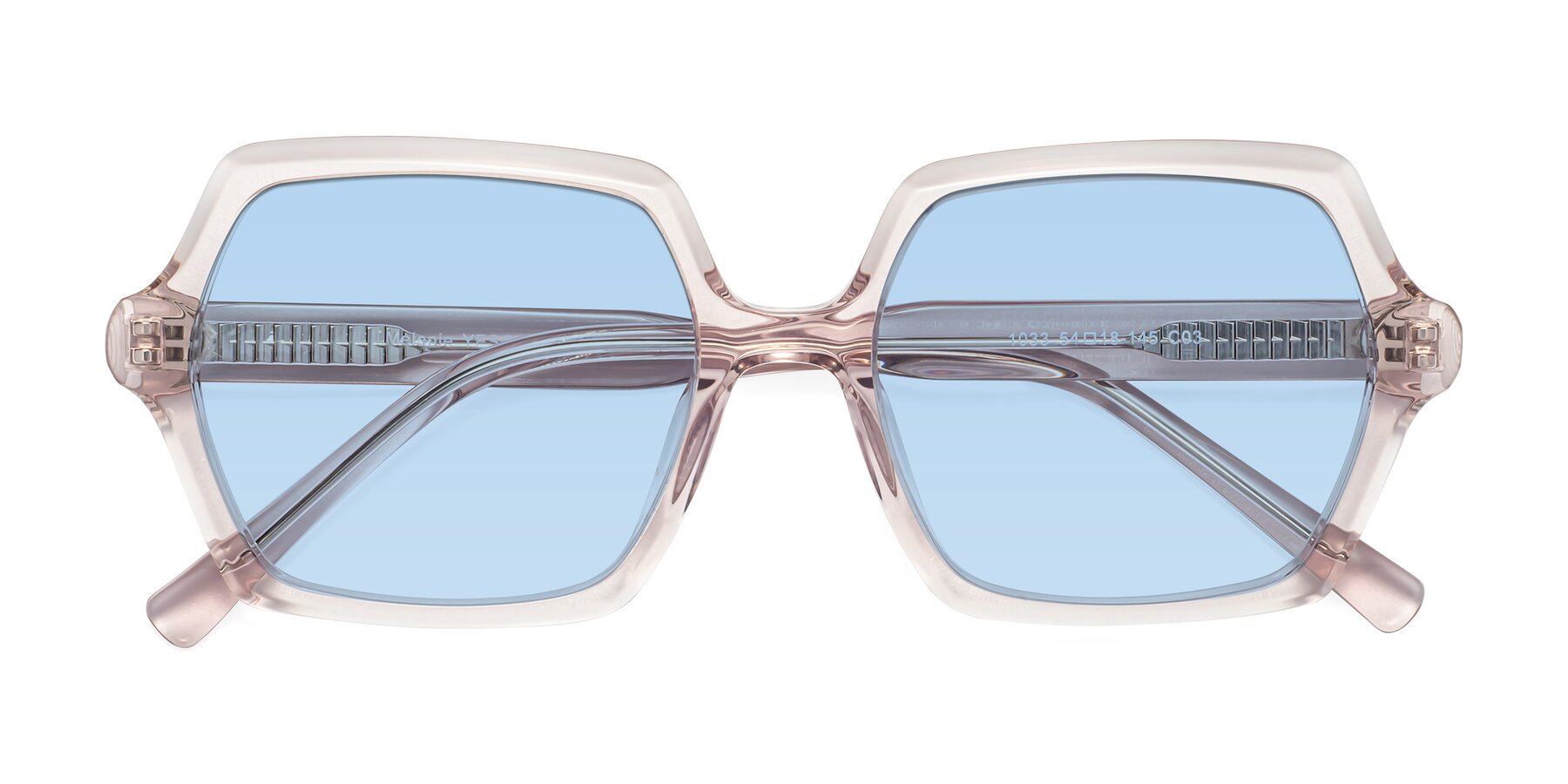 Folded Front of Melanie in Transparent Pink with Light Blue Tinted Lenses