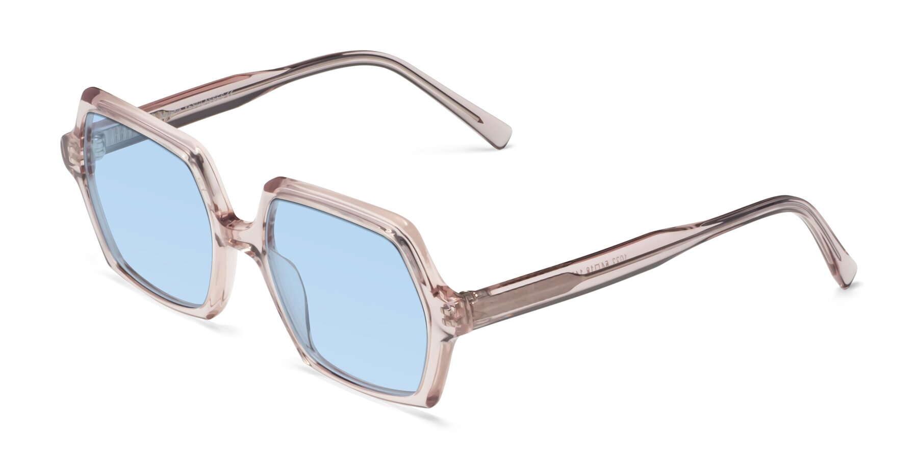 Angle of Melanie in Transparent Pink with Light Blue Tinted Lenses