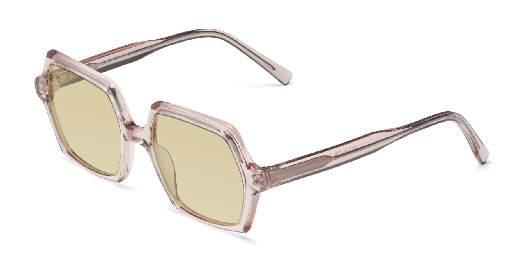 Angle of Melanie in Transparent Pink with Light Champagne Tinted Lenses