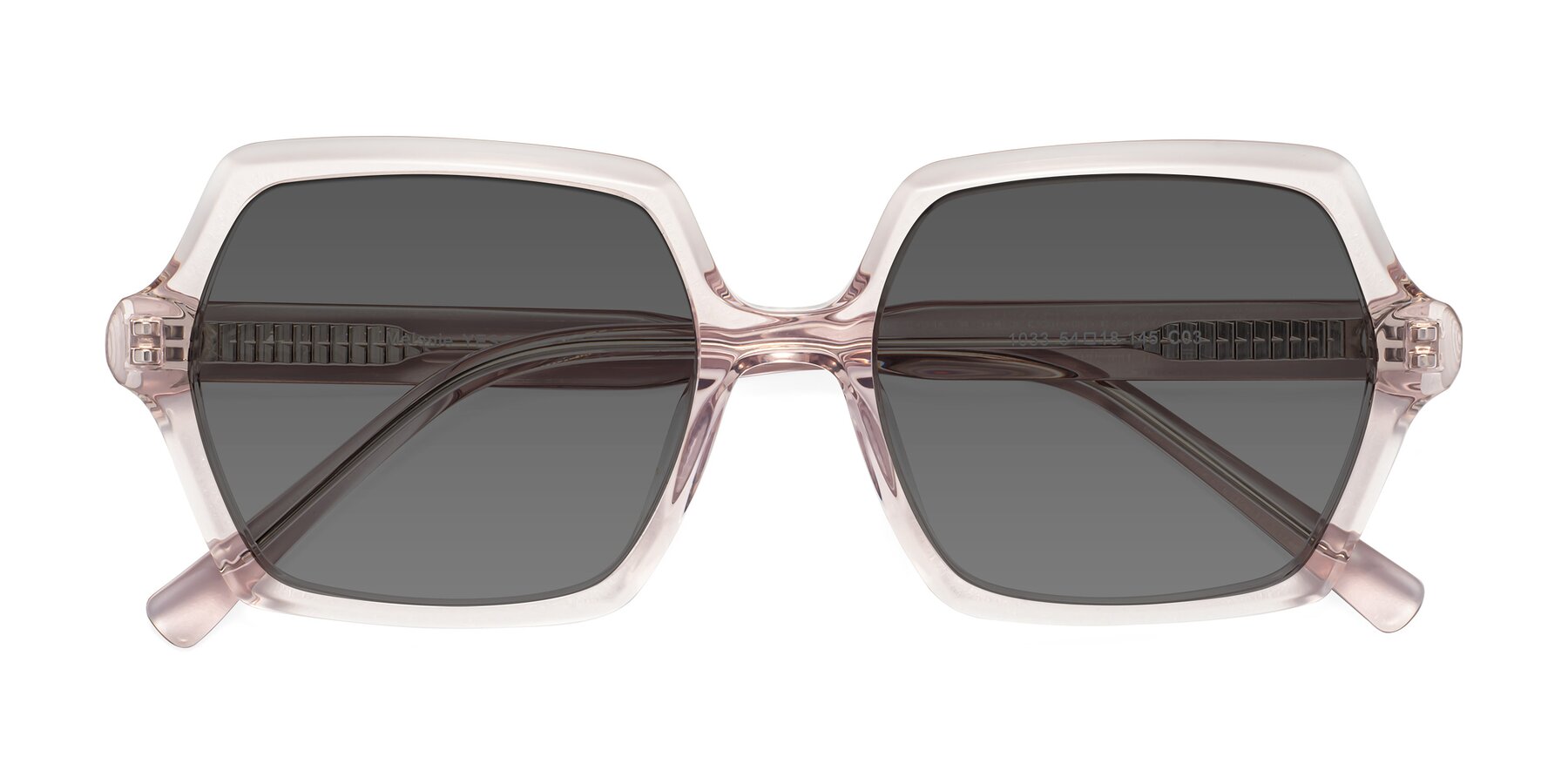 Folded Front of Melanie in Transparent Pink with Medium Gray Tinted Lenses