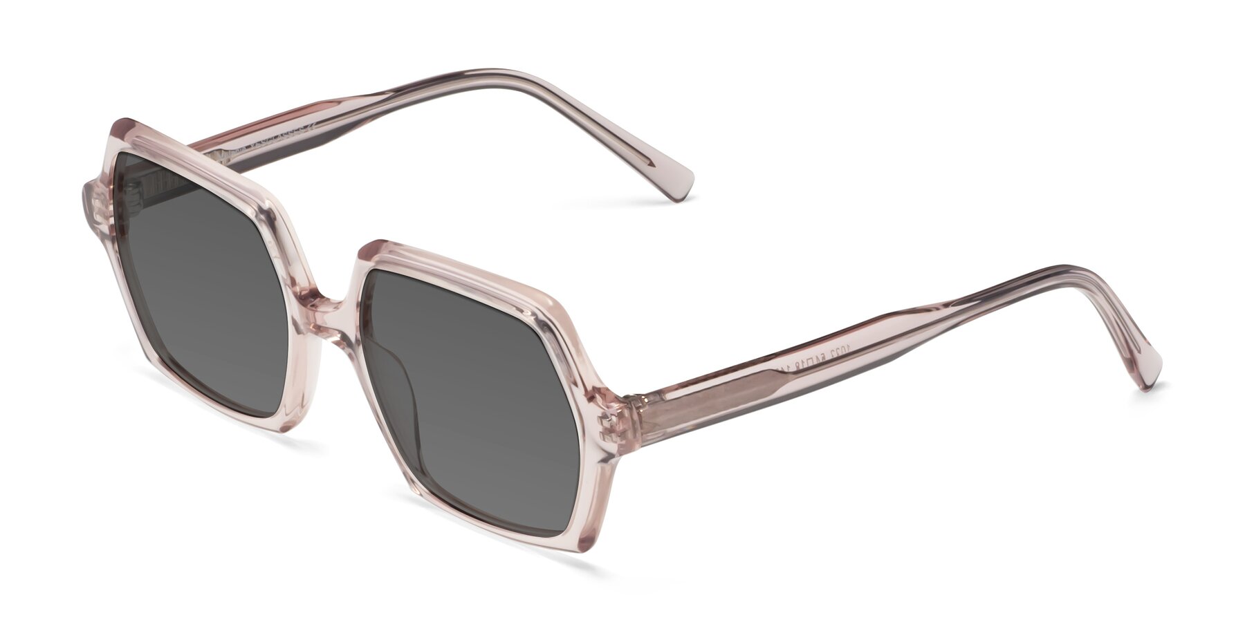 Angle of Melanie in Transparent Pink with Medium Gray Tinted Lenses