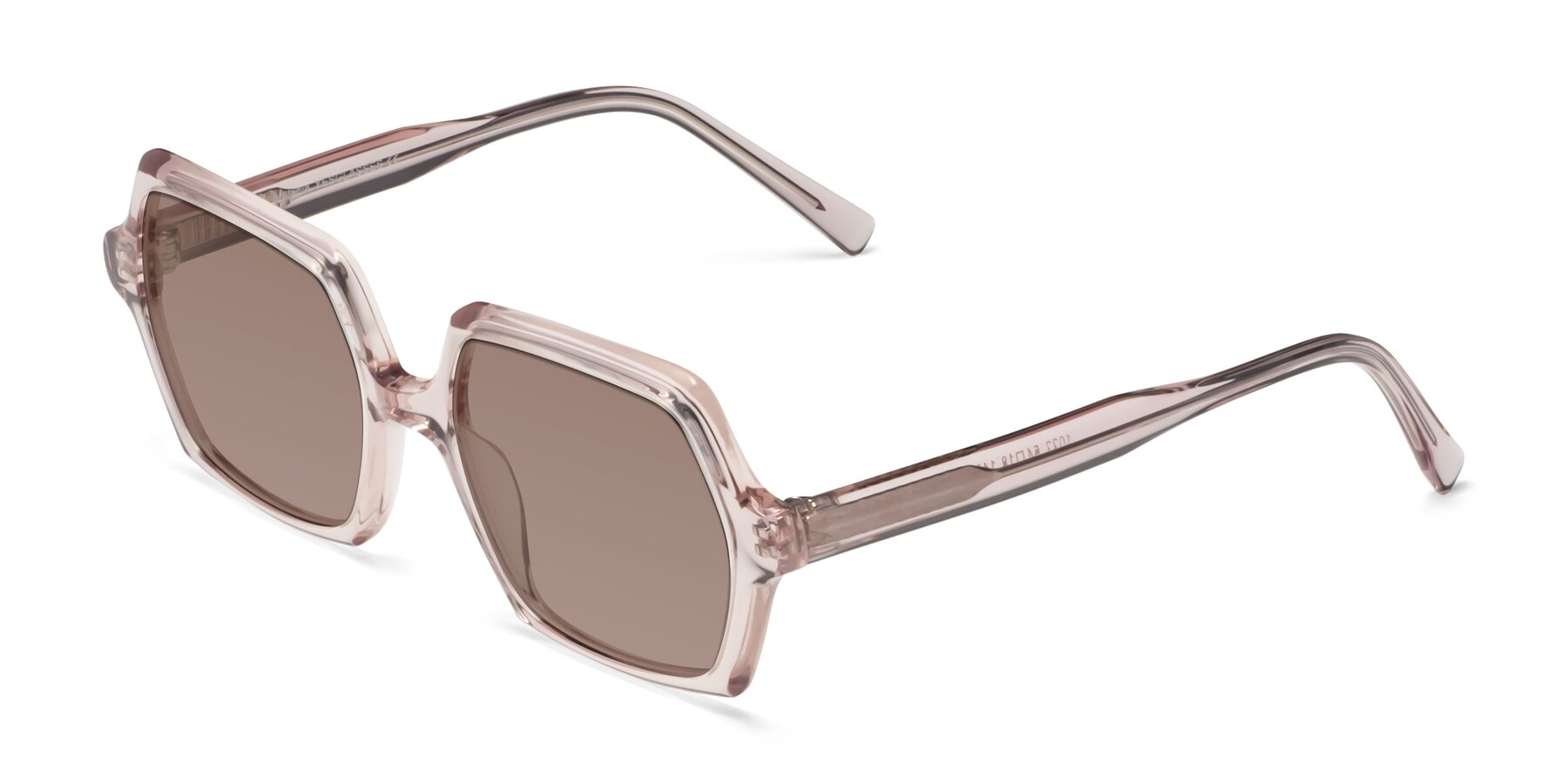 Angle of Melanie in Transparent Pink with Medium Brown Tinted Lenses