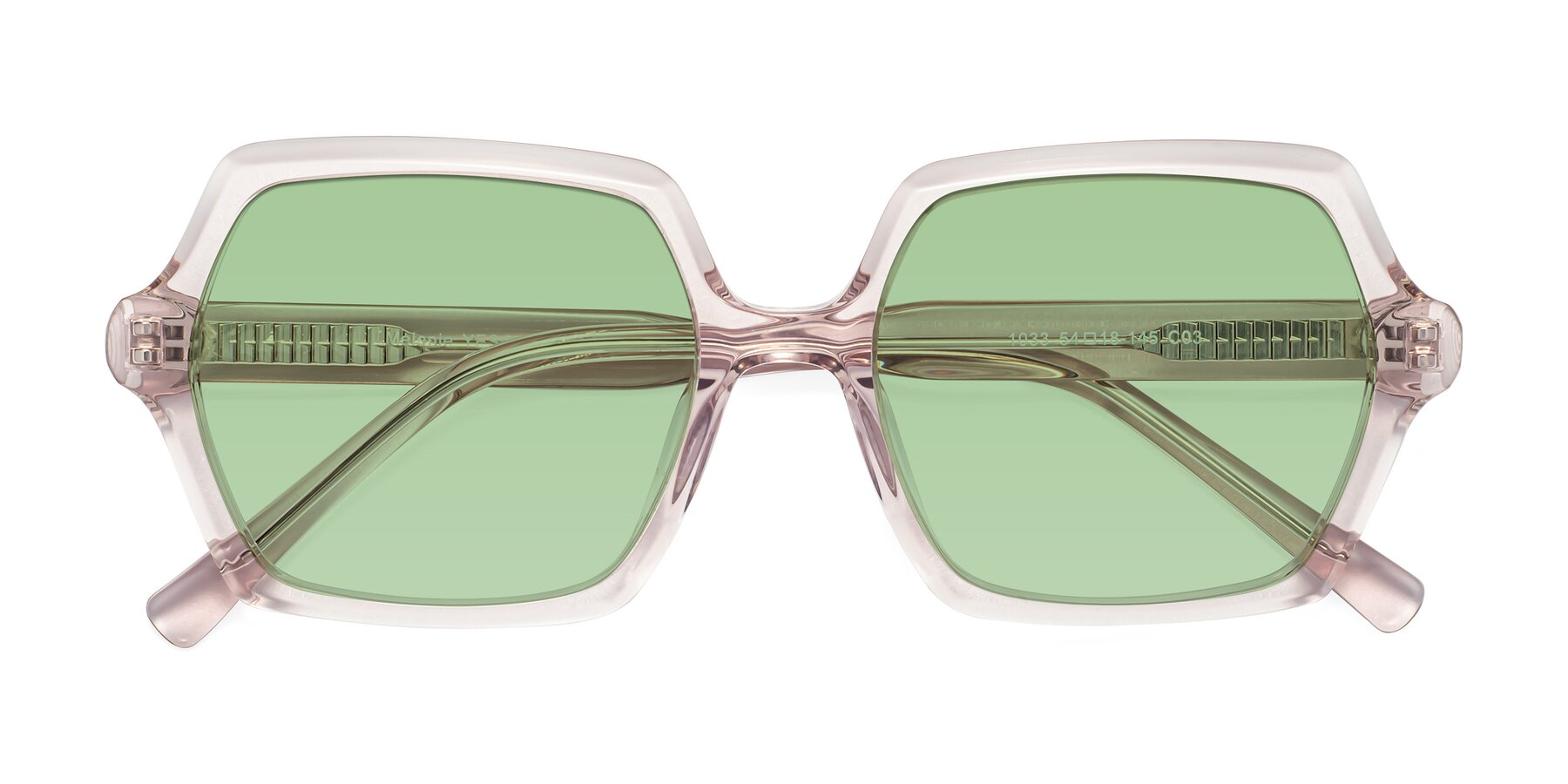 Folded Front of Melanie in Transparent Pink with Medium Green Tinted Lenses