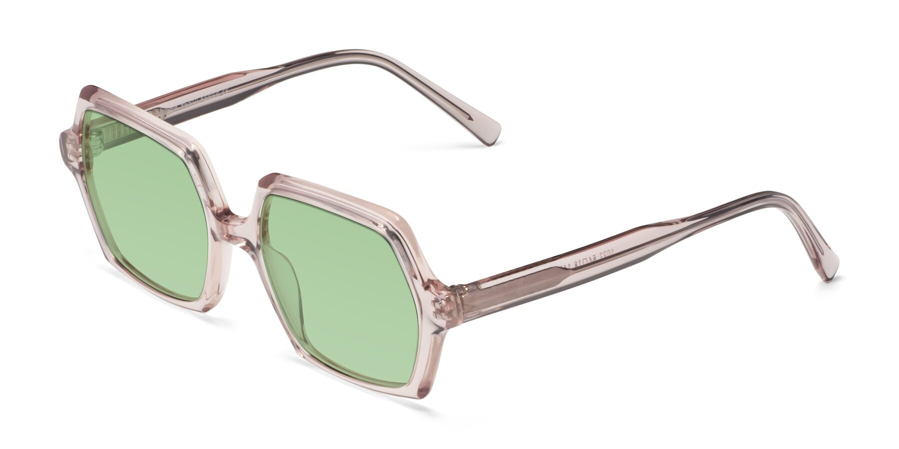 Angle of Melanie in Transparent Pink with Medium Green Tinted Lenses