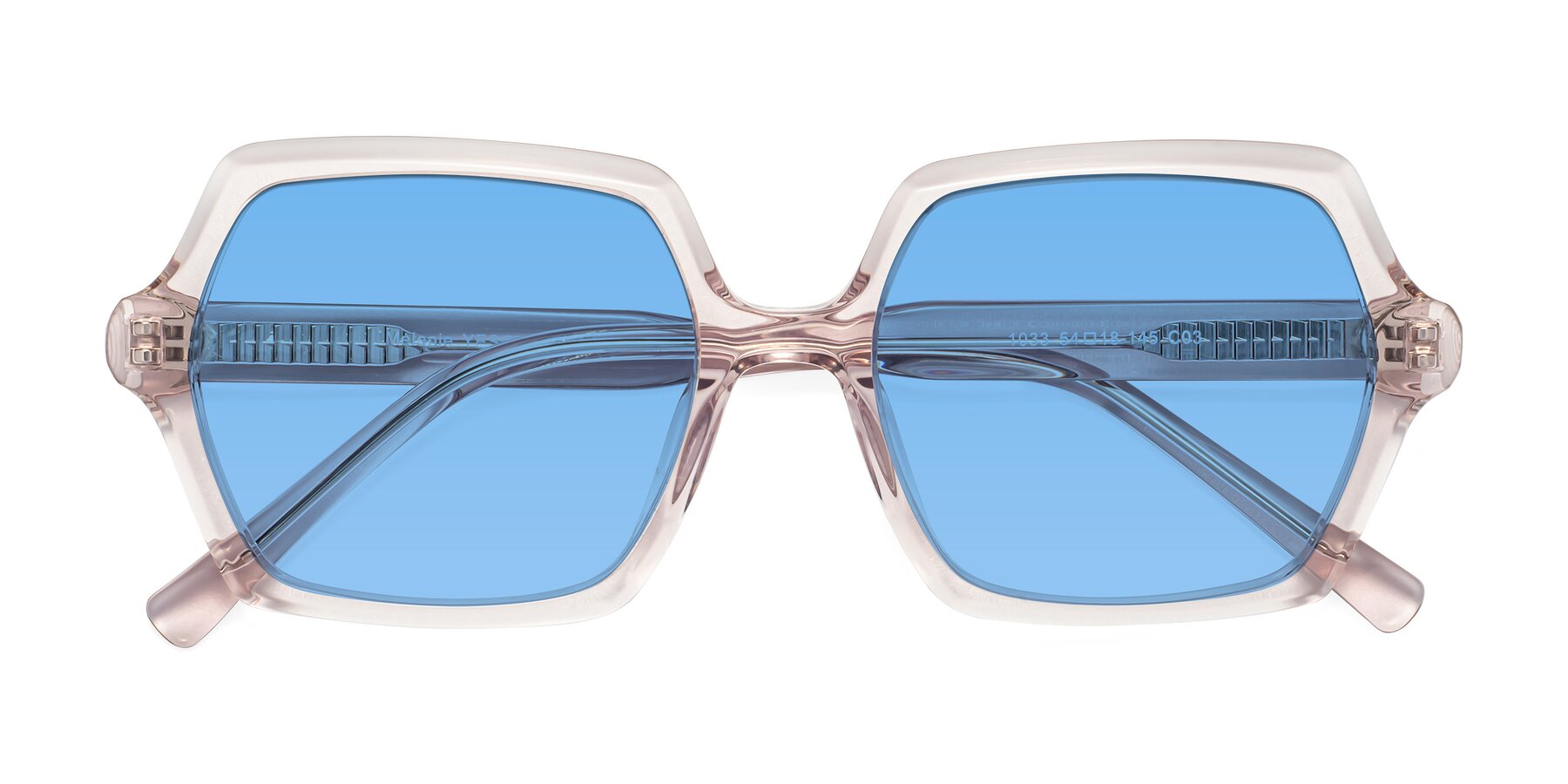 Folded Front of Melanie in Transparent Pink with Medium Blue Tinted Lenses