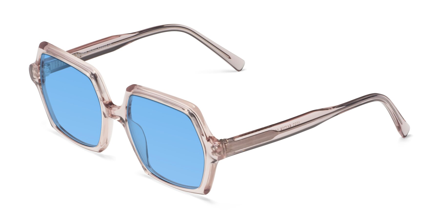 Angle of Melanie in Transparent Pink with Medium Blue Tinted Lenses