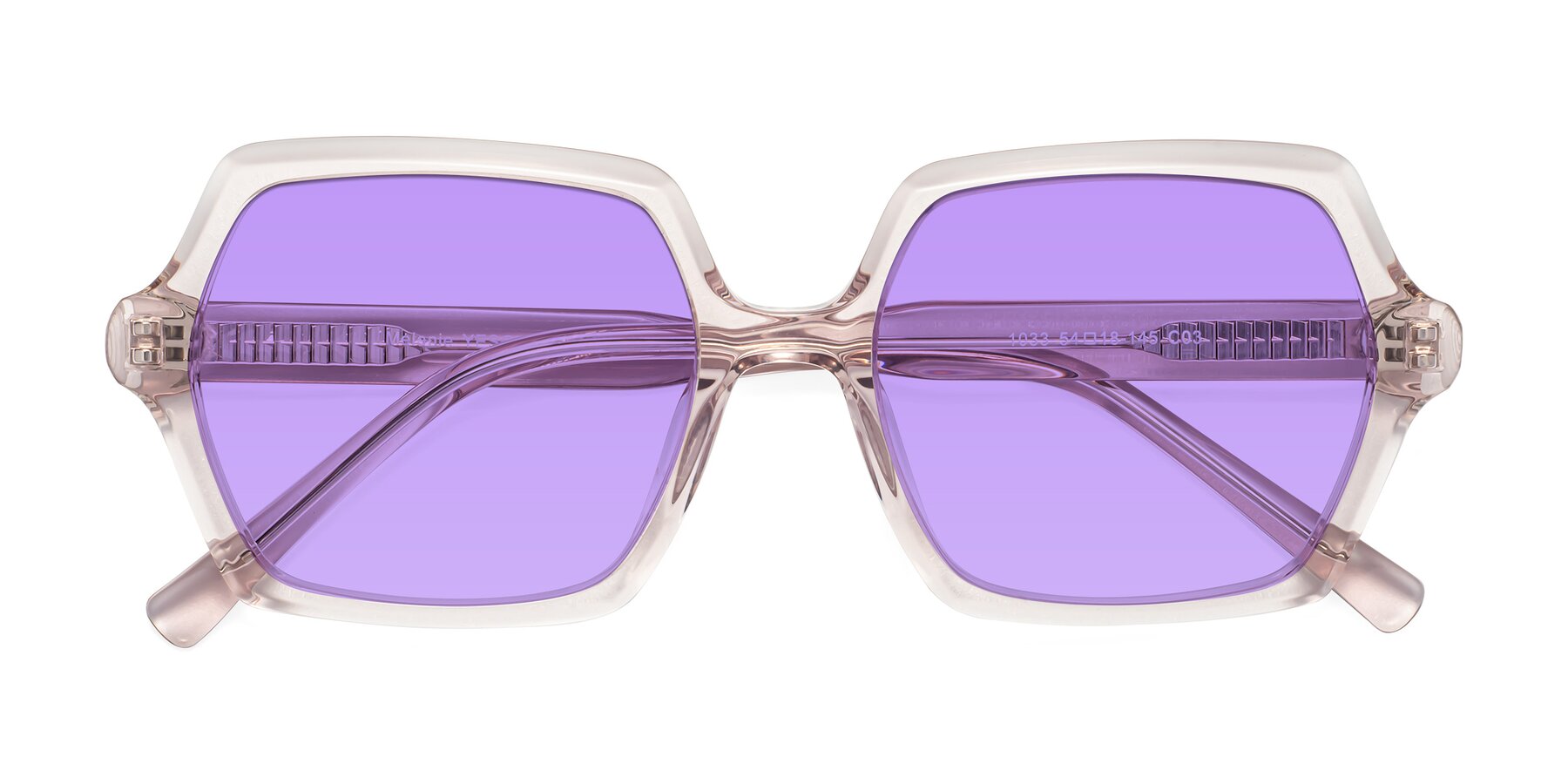 Folded Front of Melanie in Transparent Pink with Medium Purple Tinted Lenses