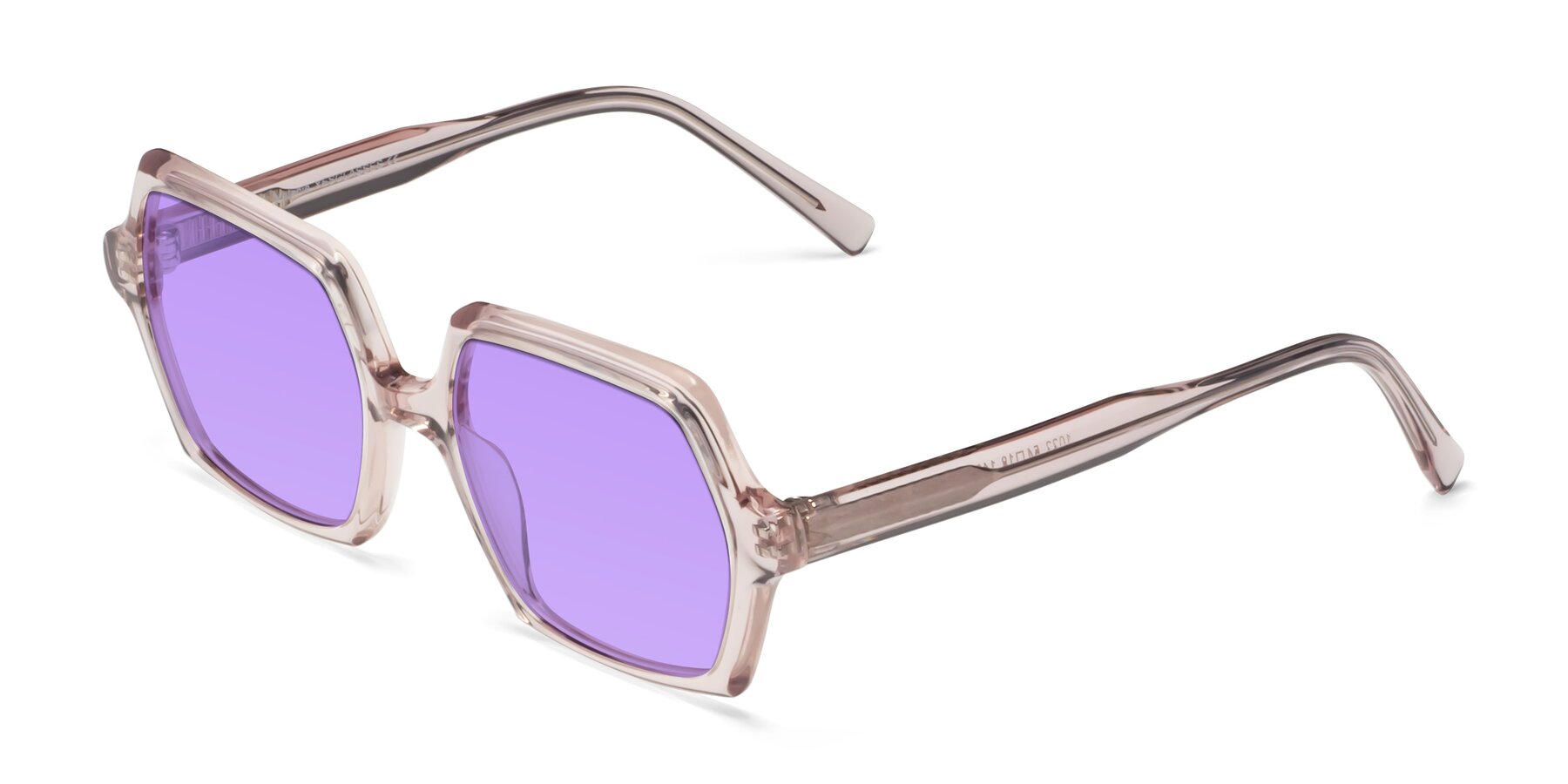 Angle of Melanie in Transparent Pink with Medium Purple Tinted Lenses