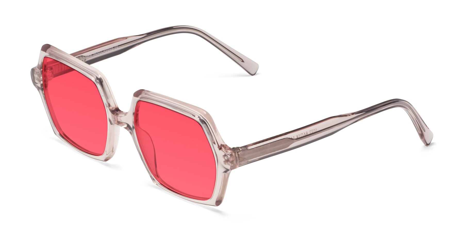 Angle of Melanie in Transparent Pink with Red Tinted Lenses