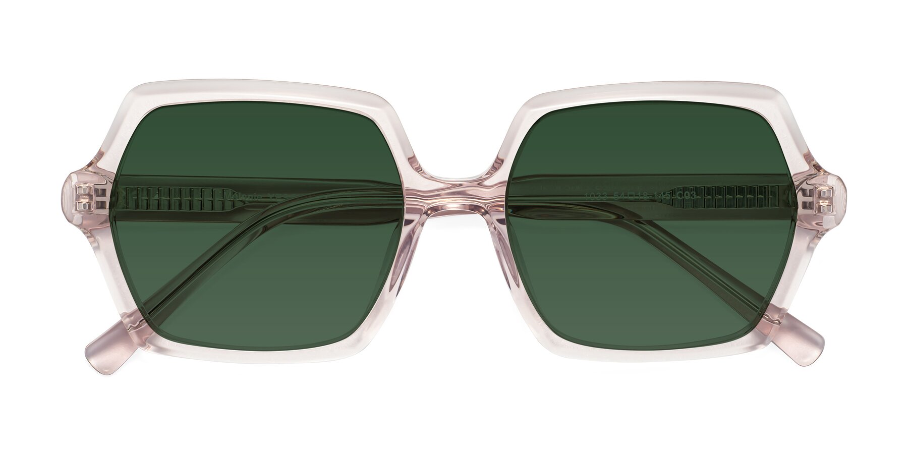 Folded Front of Melanie in Transparent Pink with Green Tinted Lenses