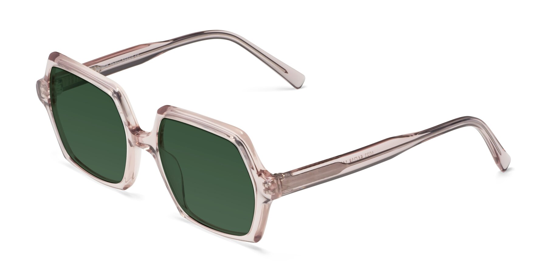Angle of Melanie in Transparent Pink with Green Tinted Lenses
