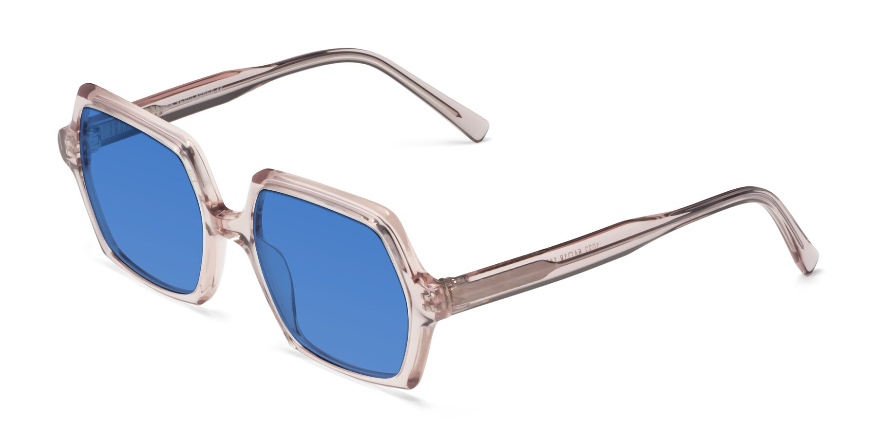 Angle of Melanie in Transparent Pink with Blue Tinted Lenses