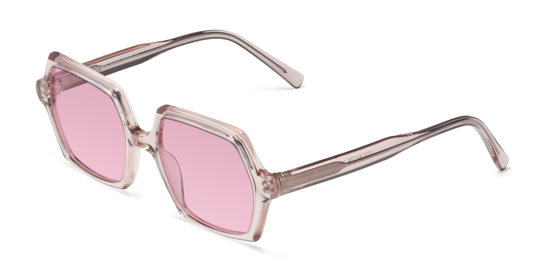 Angle of Melanie in Transparent Pink with Light Wine Tinted Lenses