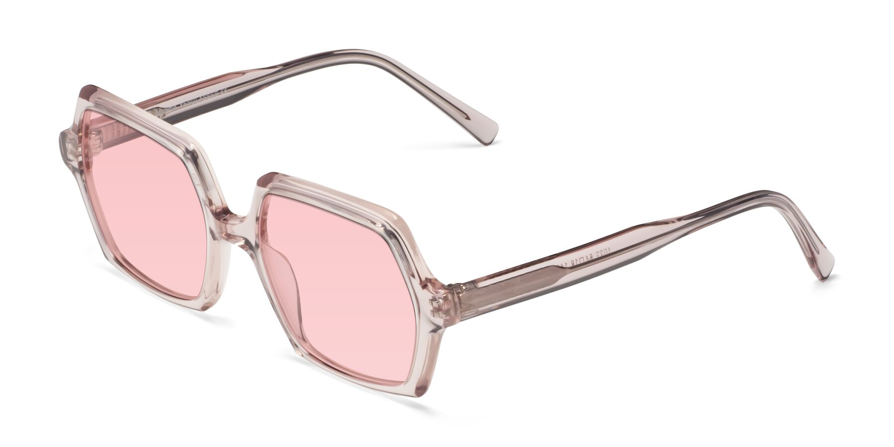 Angle of Melanie in Transparent Pink with Light Garnet Tinted Lenses