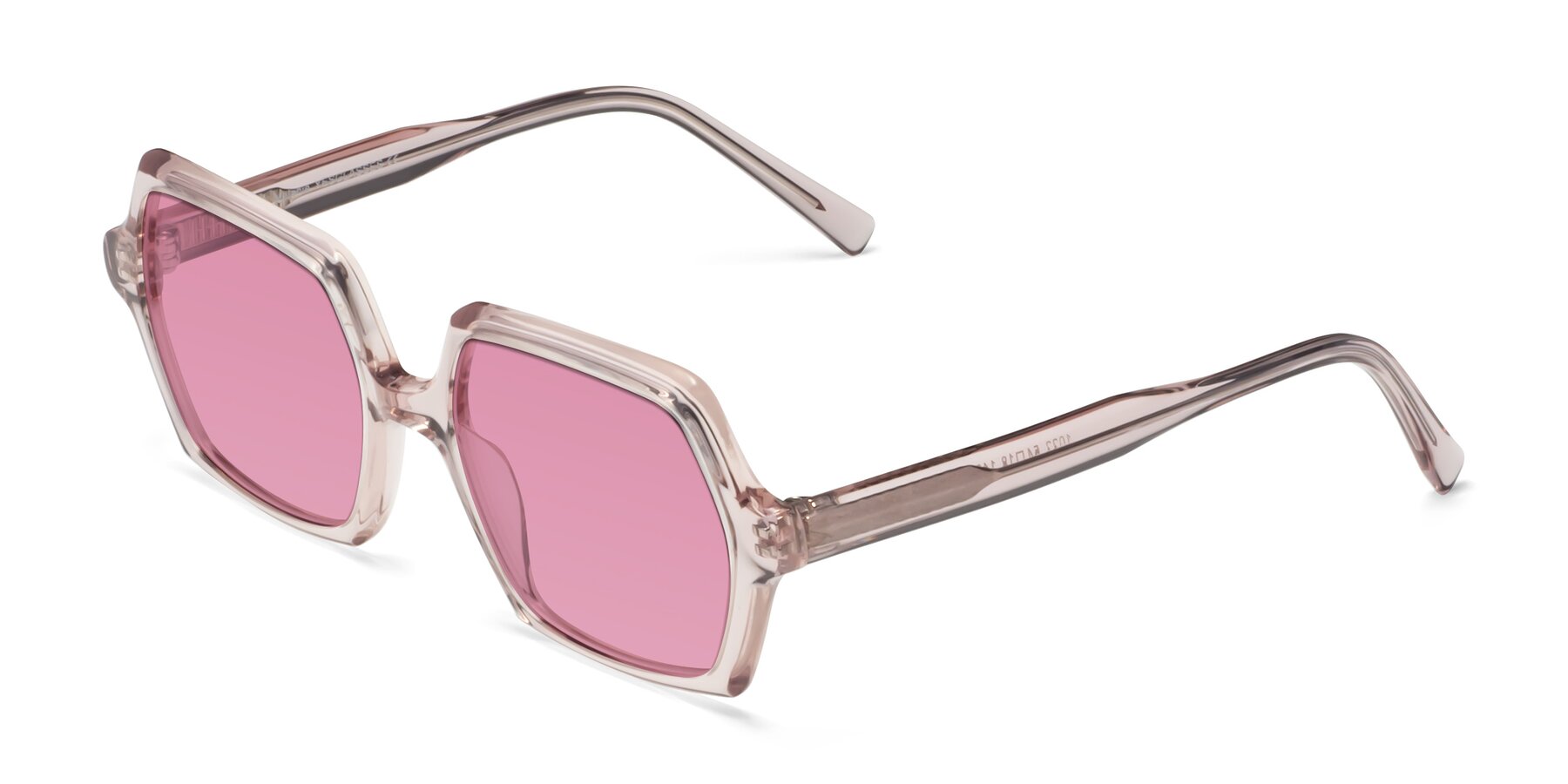 Angle of Melanie in Transparent Pink with Medium Wine Tinted Lenses