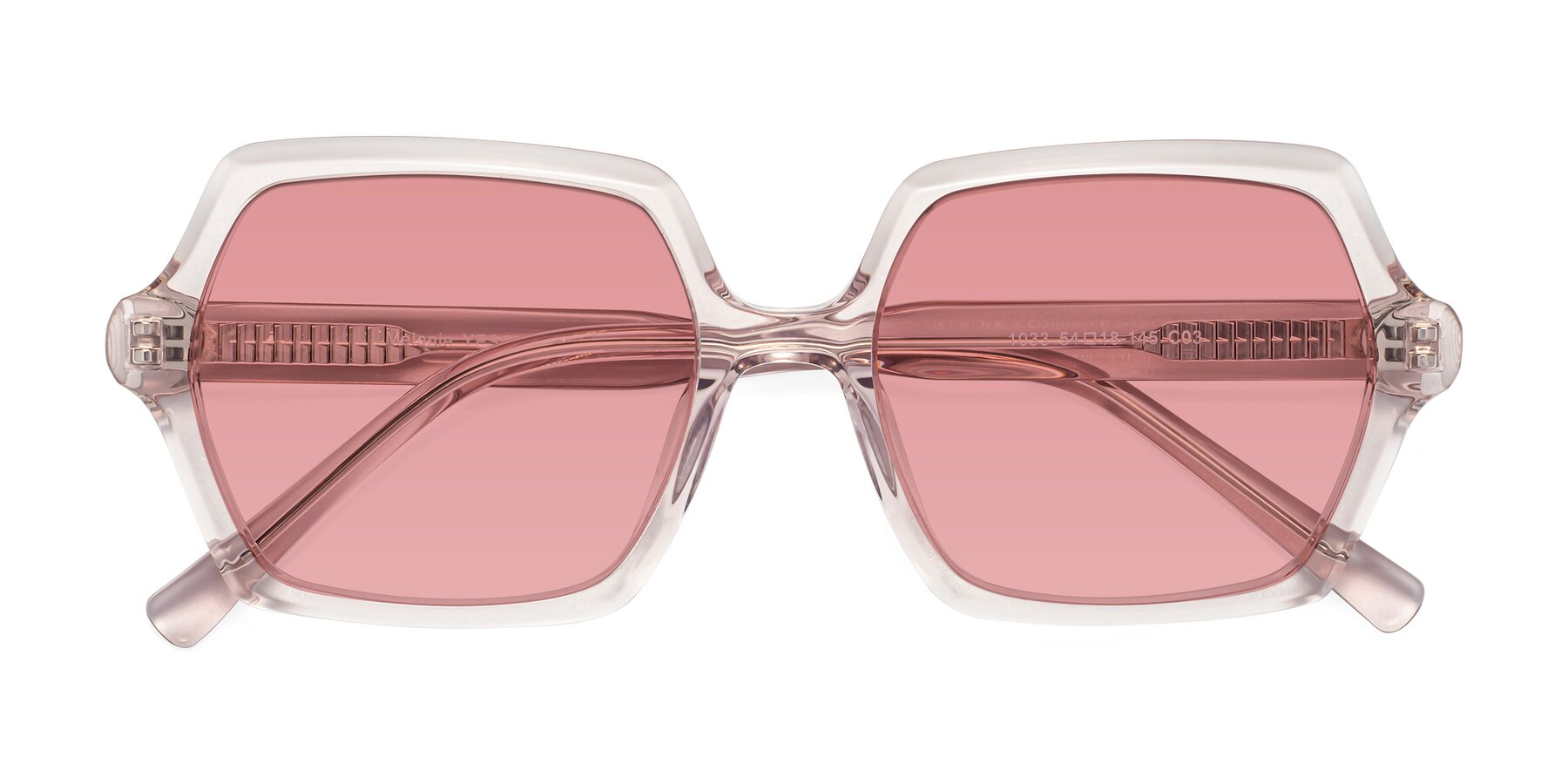 Folded Front of Melanie in Transparent Pink with Medium Garnet Tinted Lenses