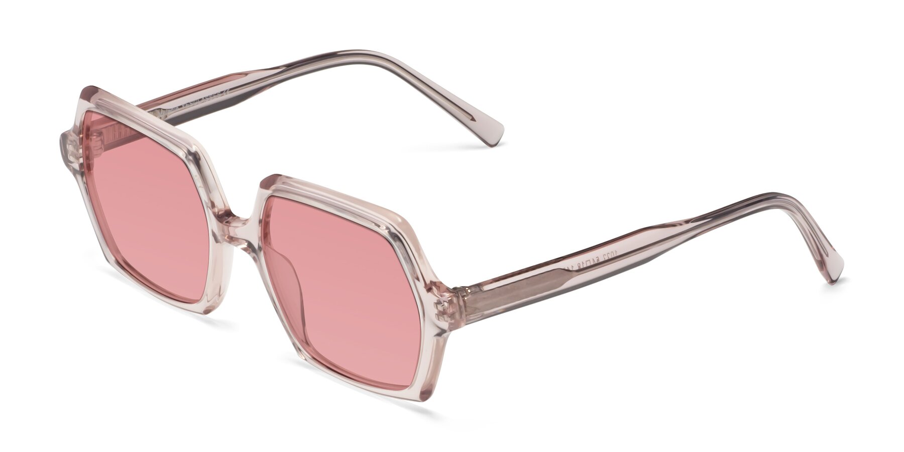 Angle of Melanie in Transparent Pink with Medium Garnet Tinted Lenses