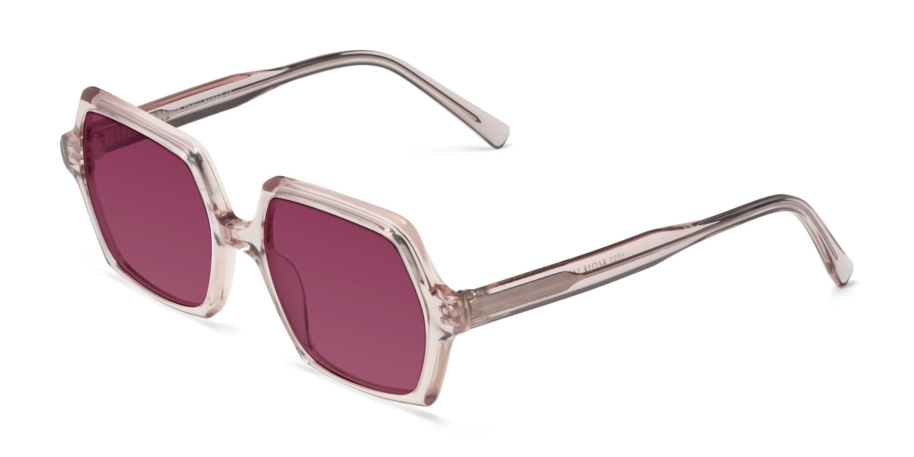 Angle of Melanie in Transparent Pink with Wine Tinted Lenses