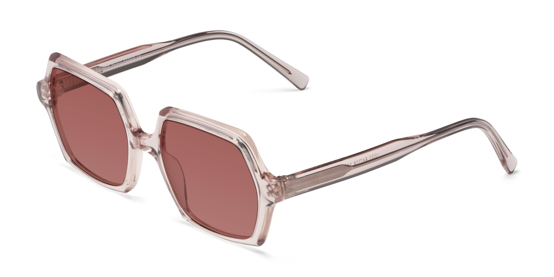 Angle of Melanie in Transparent Pink with Garnet Tinted Lenses