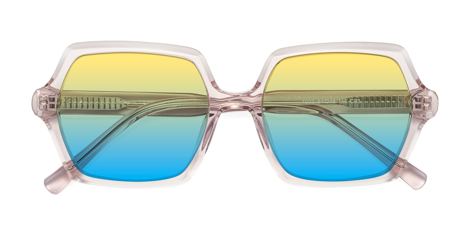 Folded Front of Melanie in Transparent Pink with Yellow / Blue Gradient Lenses