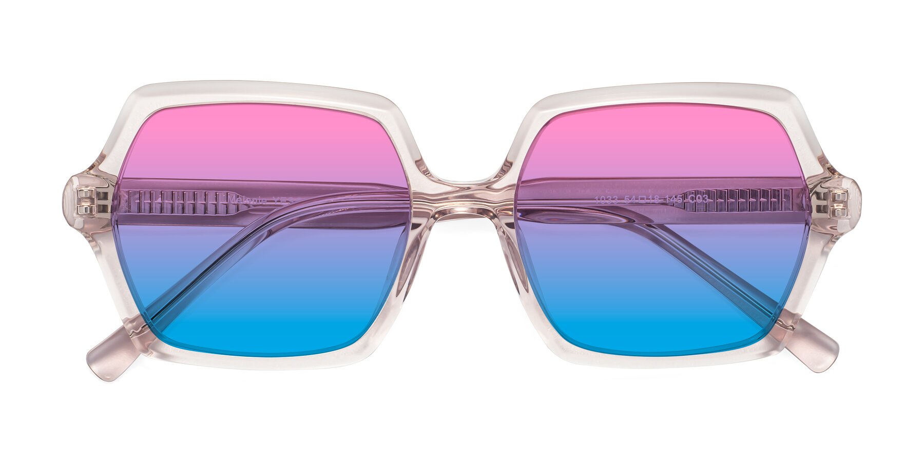 Folded Front of Melanie in Transparent Pink with Pink / Blue Gradient Lenses