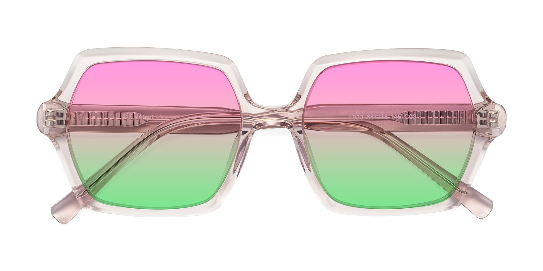 Folded Front of Melanie in Transparent Pink with Pink / Green Gradient Lenses