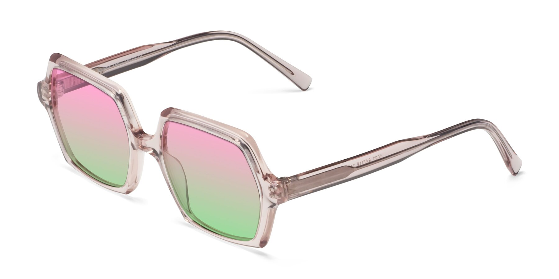 Angle of Melanie in Transparent Pink with Pink / Green Gradient Lenses