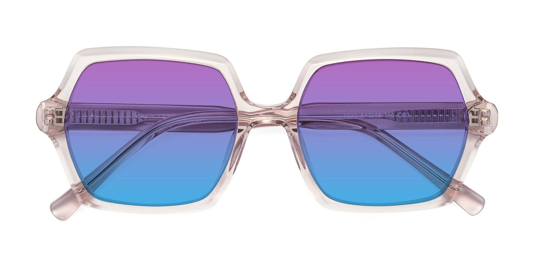 Folded Front of Melanie in Transparent Pink with Purple / Blue Gradient Lenses