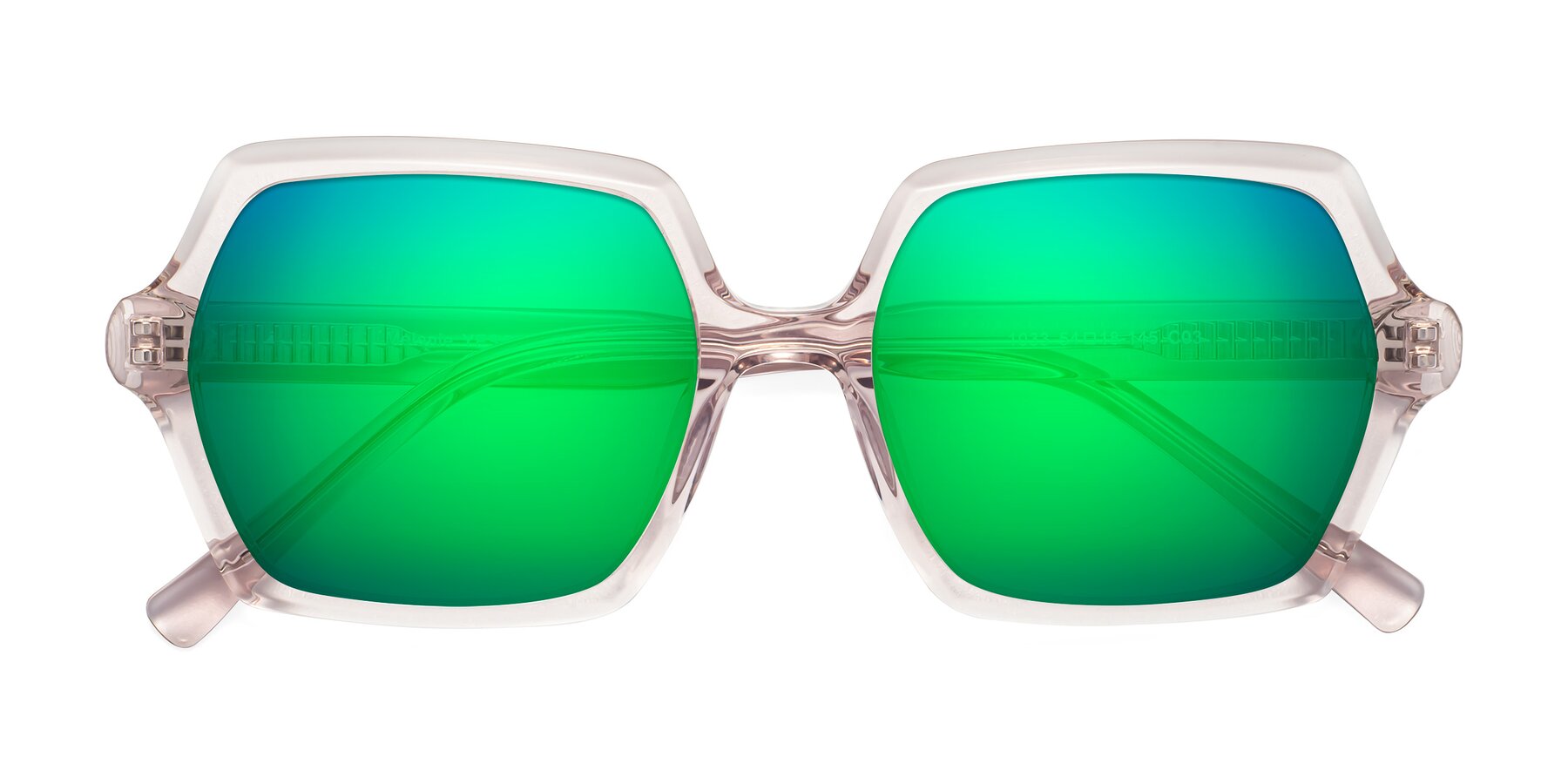 Folded Front of Melanie in Transparent Pink with Green Mirrored Lenses