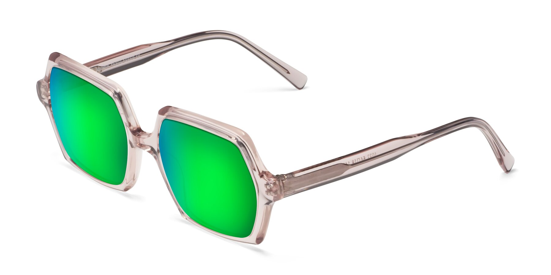Angle of Melanie in Transparent Pink with Green Mirrored Lenses