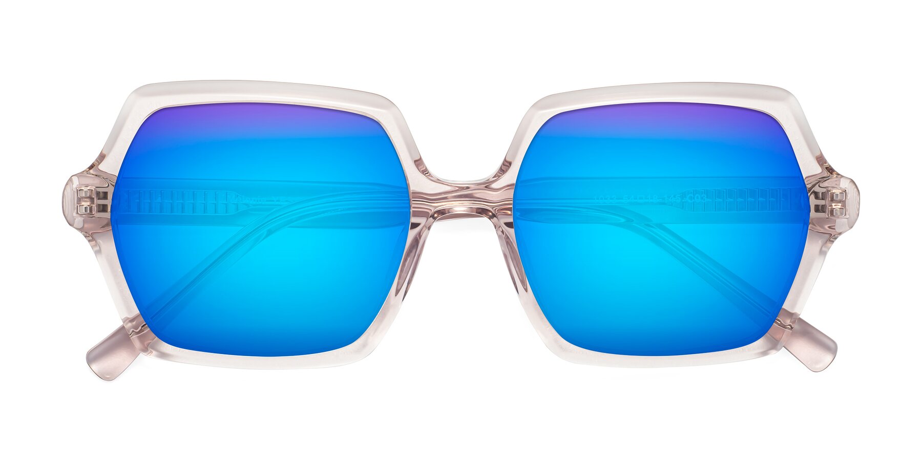 Folded Front of Melanie in Transparent Pink with Blue Mirrored Lenses