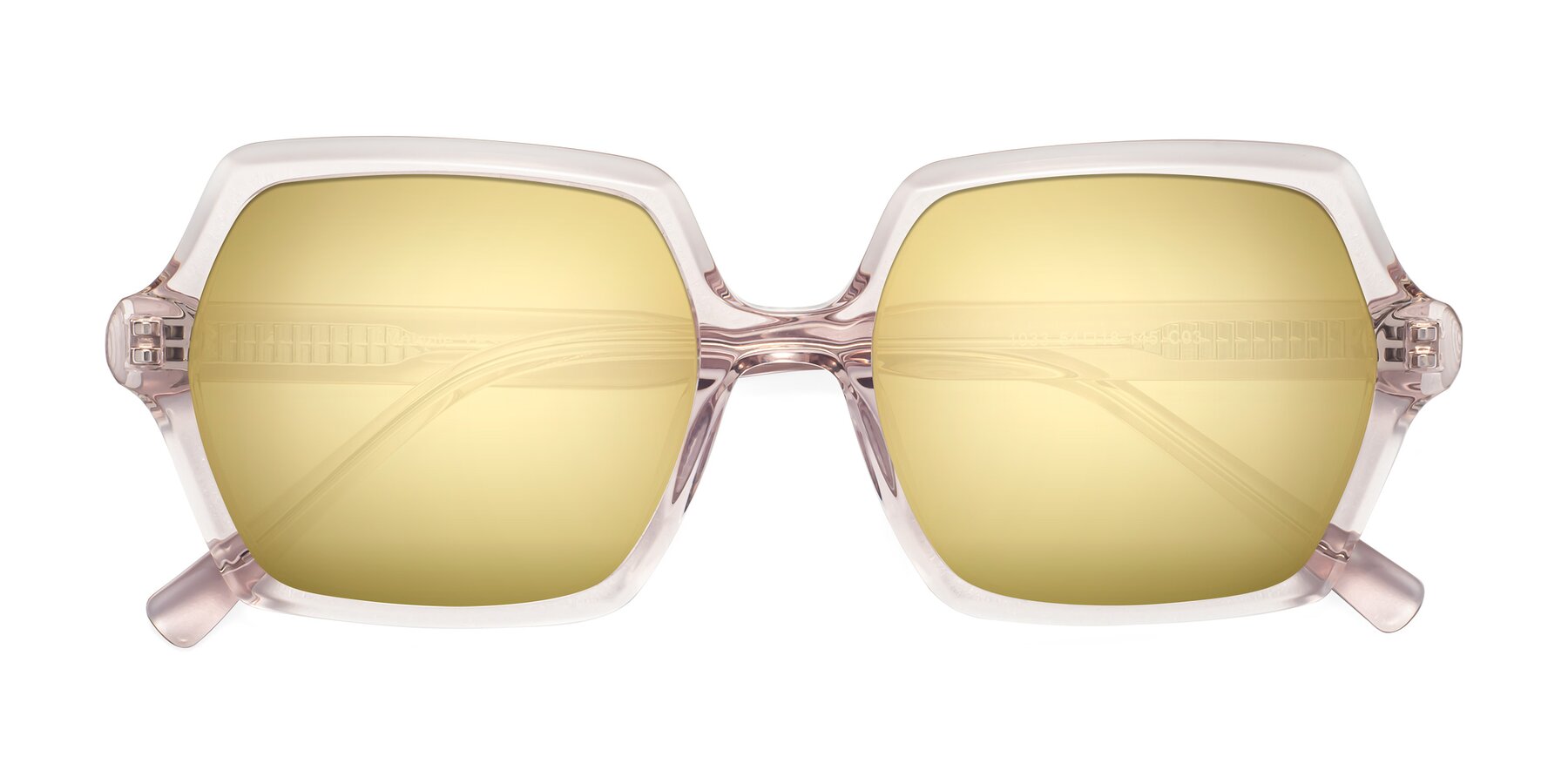Folded Front of Melanie in Transparent Pink with Gold Mirrored Lenses