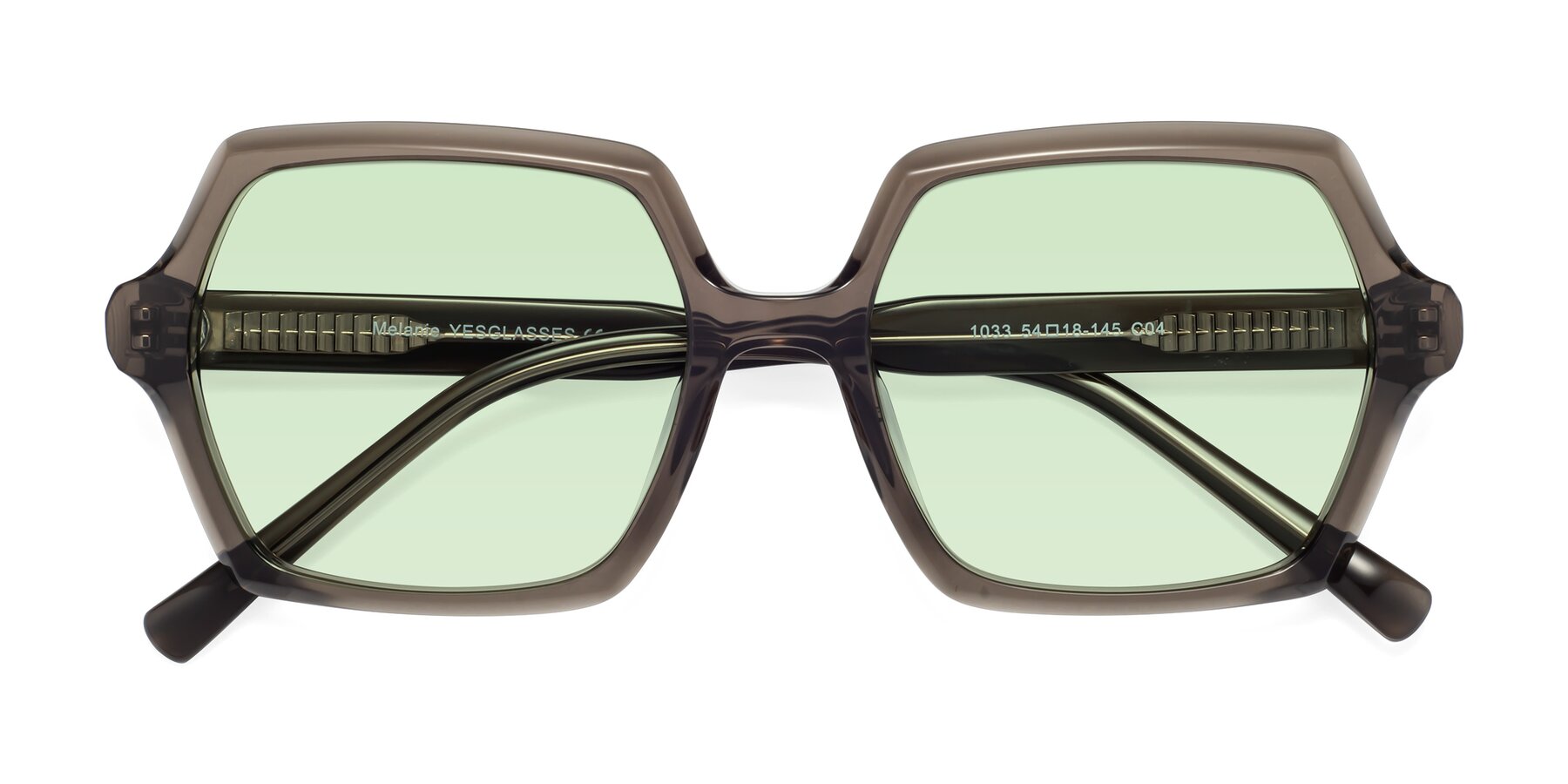 Folded Front of Melanie in Transparent Gray with Light Green Tinted Lenses