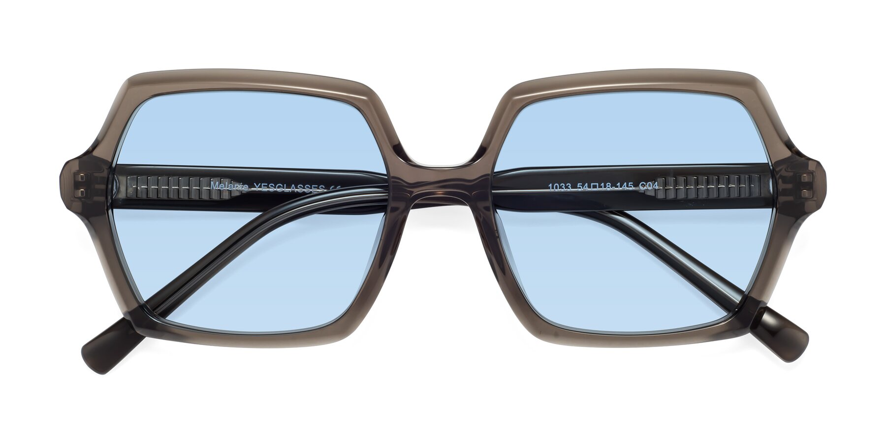 Folded Front of Melanie in Transparent Gray with Light Blue Tinted Lenses