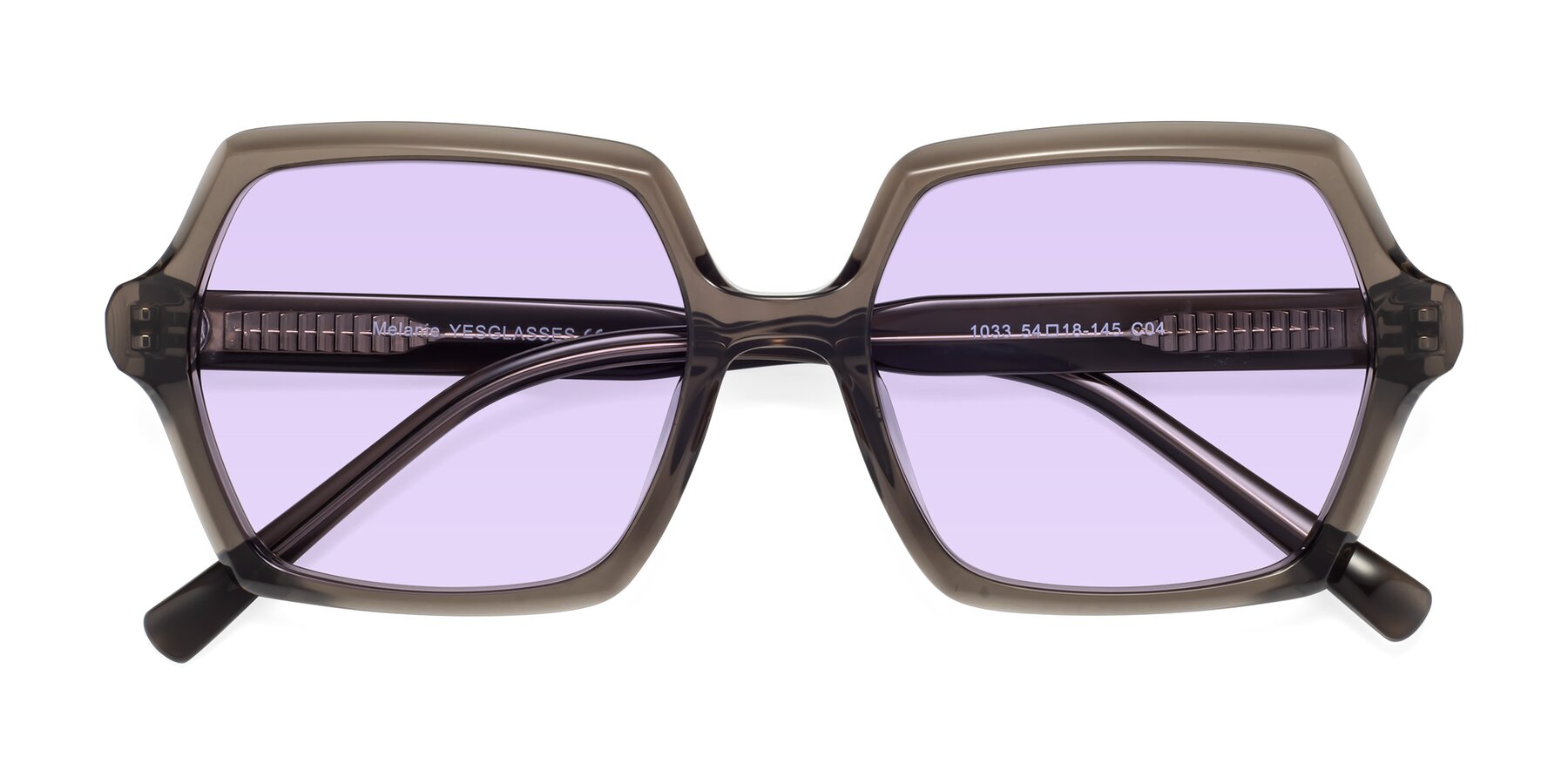 Folded Front of Melanie in Transparent Gray with Light Purple Tinted Lenses