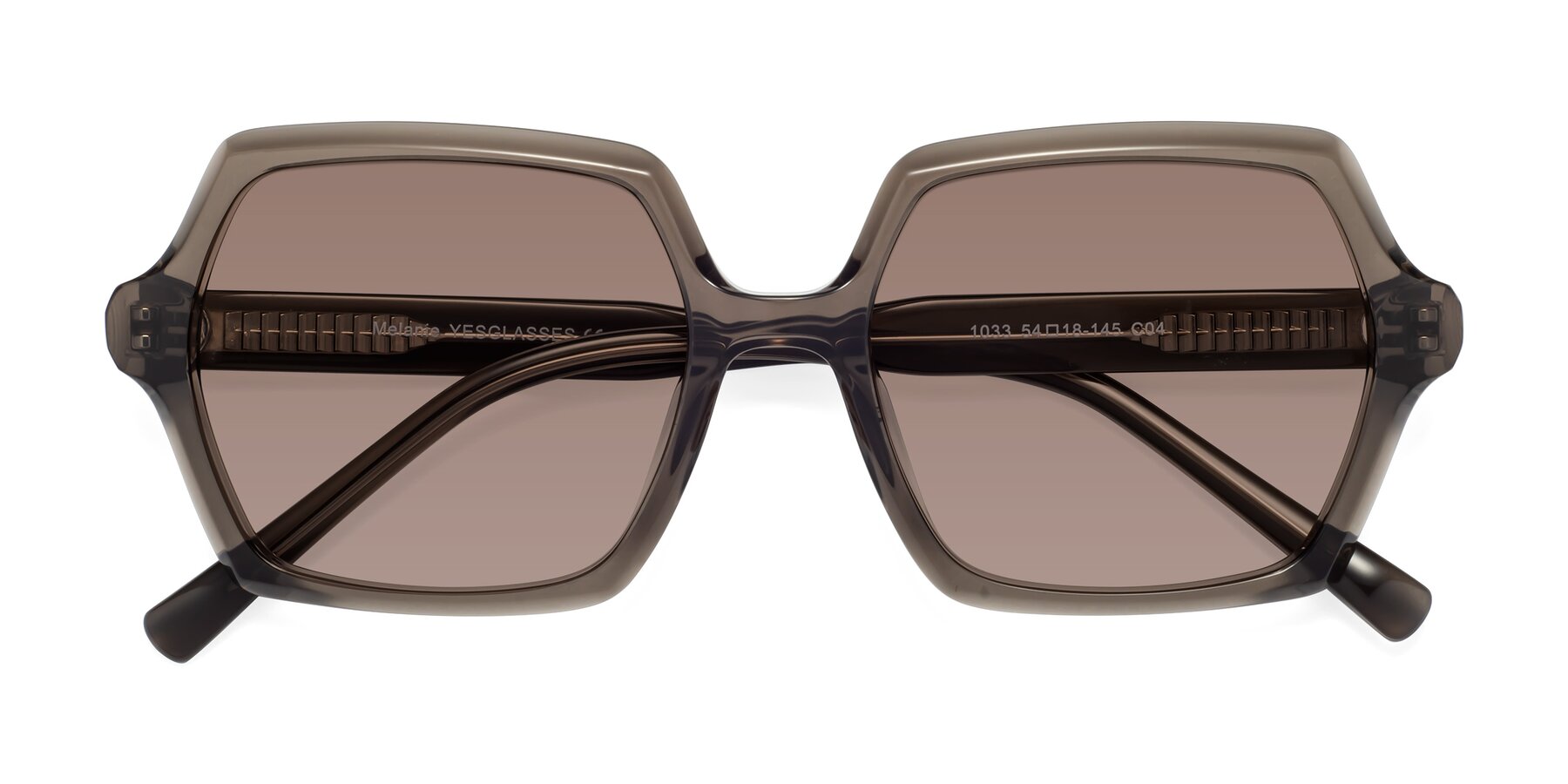 Folded Front of Melanie in Transparent Gray with Medium Brown Tinted Lenses