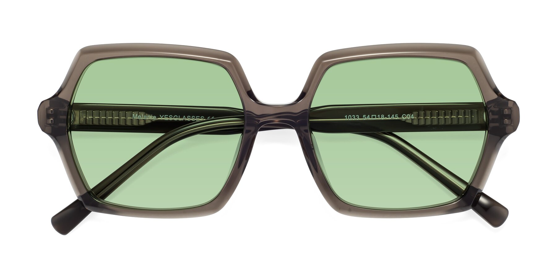 Folded Front of Melanie in Transparent Gray with Medium Green Tinted Lenses