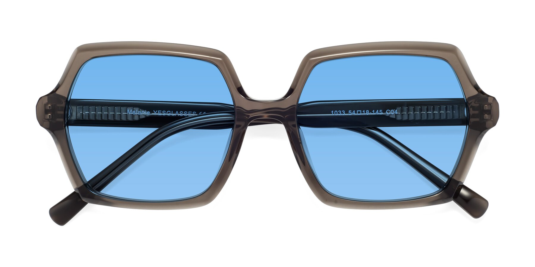 Folded Front of Melanie in Transparent Gray with Medium Blue Tinted Lenses