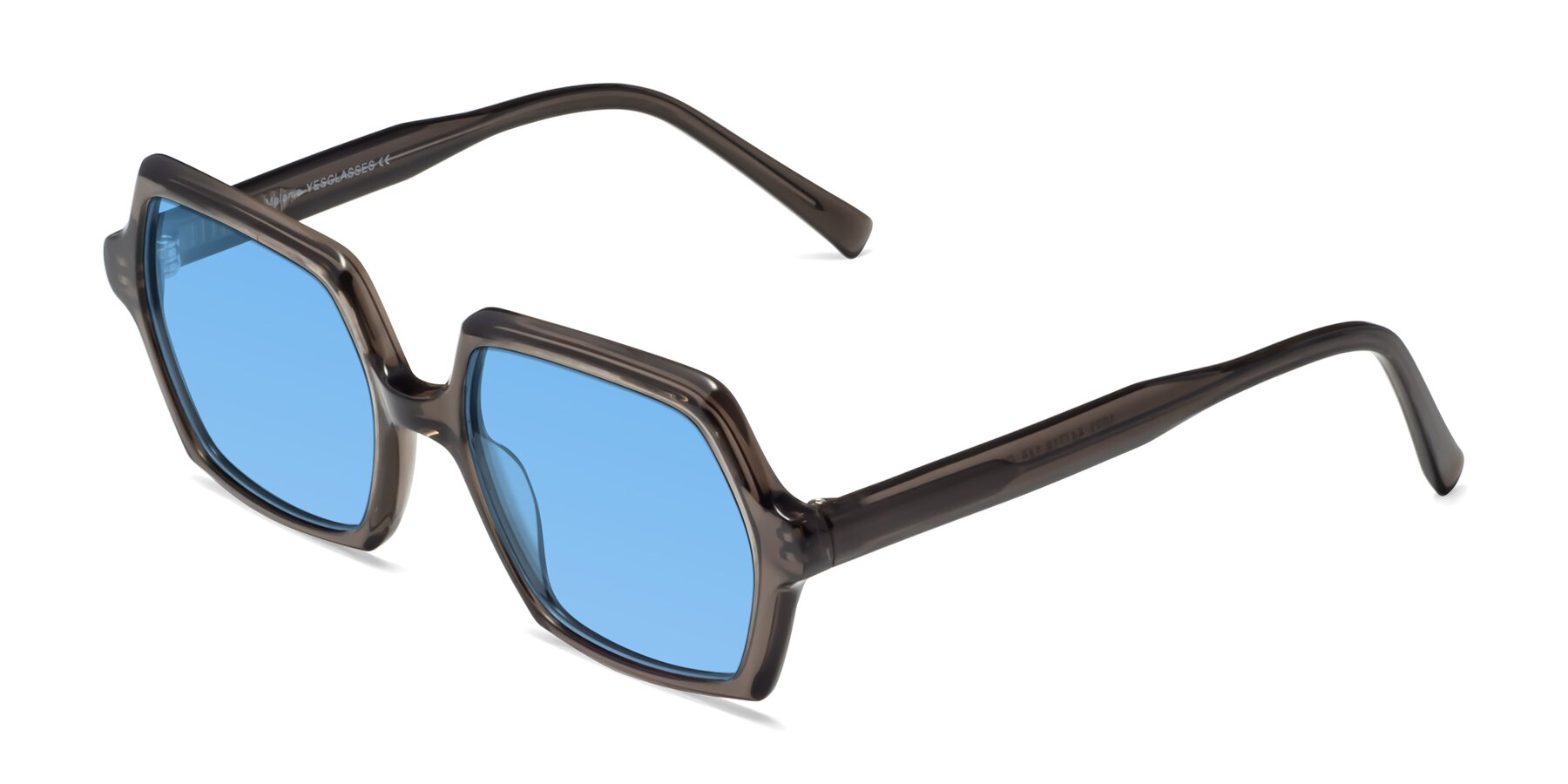 Angle of Melanie in Transparent Gray with Medium Blue Tinted Lenses