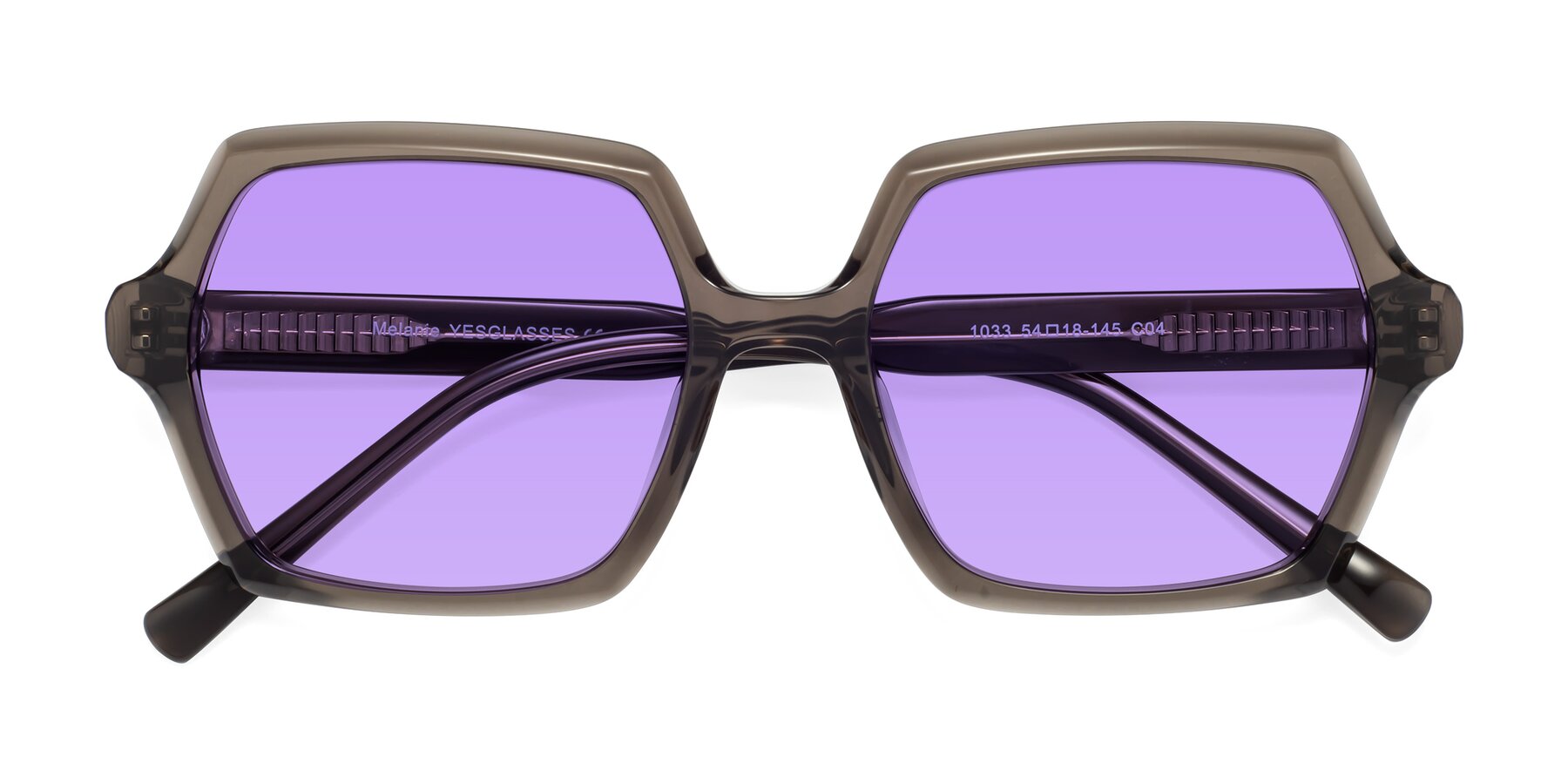 Folded Front of Melanie in Transparent Gray with Medium Purple Tinted Lenses