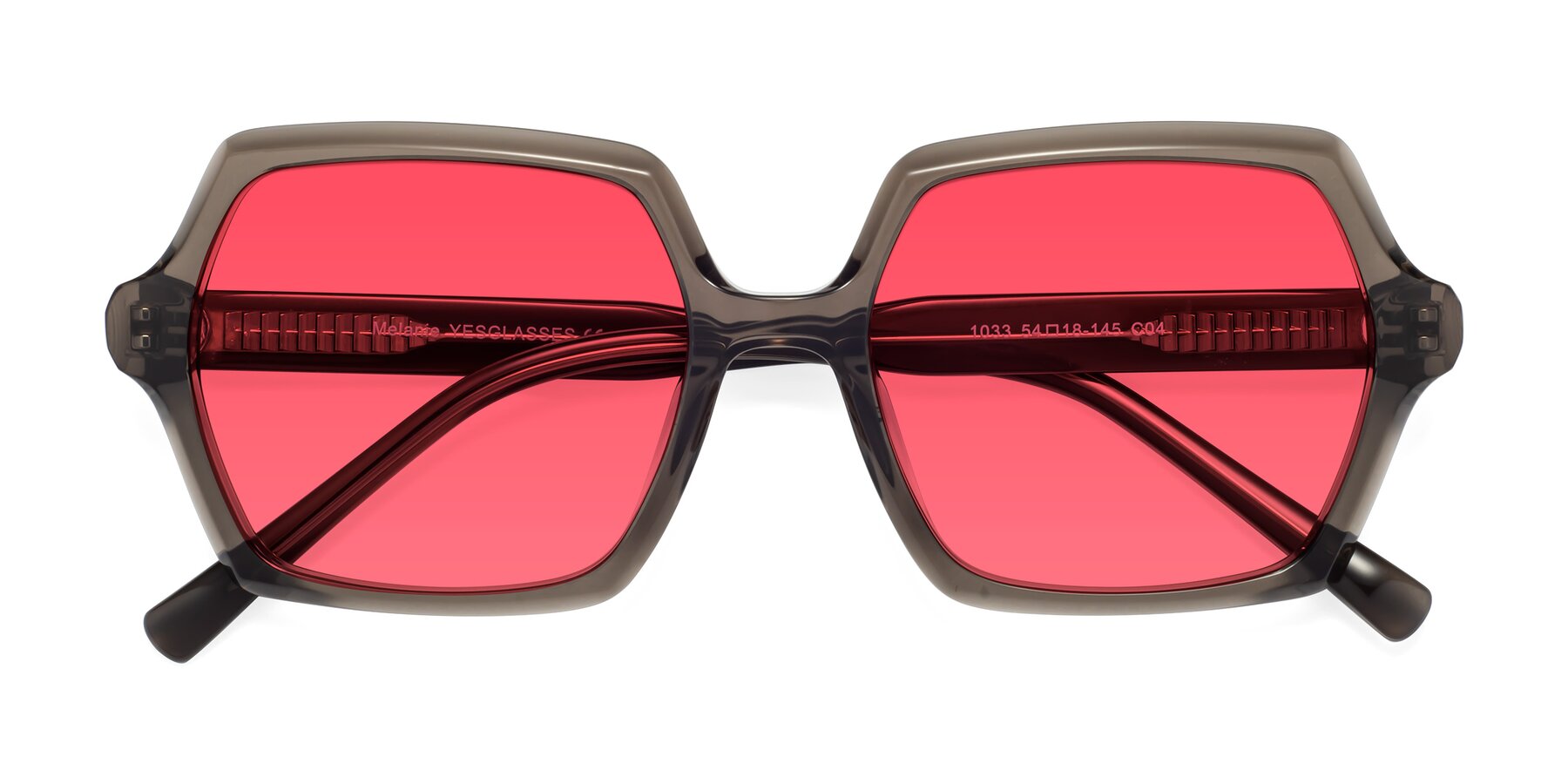 Folded Front of Melanie in Transparent Gray with Red Tinted Lenses