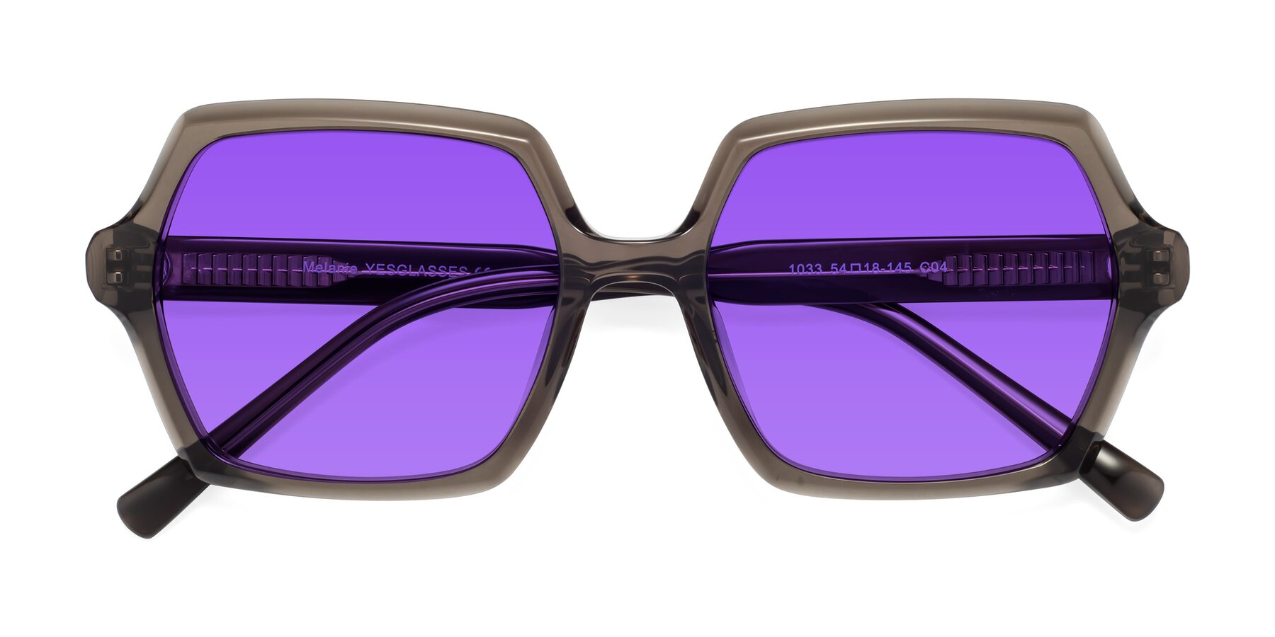 Folded Front of Melanie in Transparent Gray with Purple Tinted Lenses