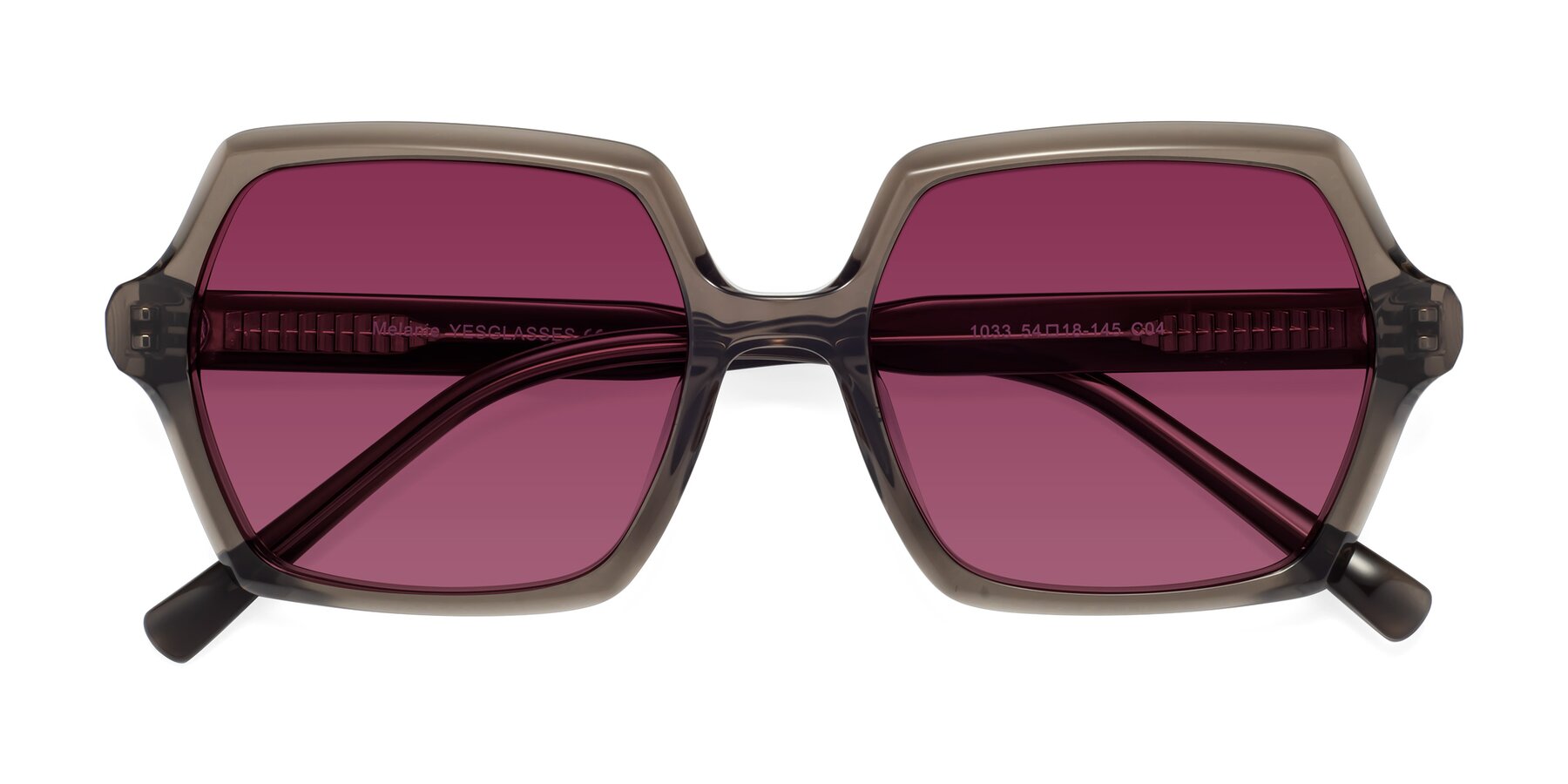 Folded Front of Melanie in Transparent Gray with Wine Tinted Lenses