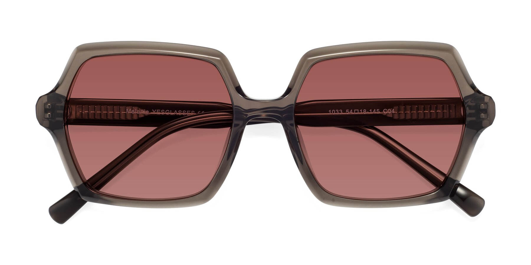 Folded Front of Melanie in Transparent Gray with Garnet Tinted Lenses