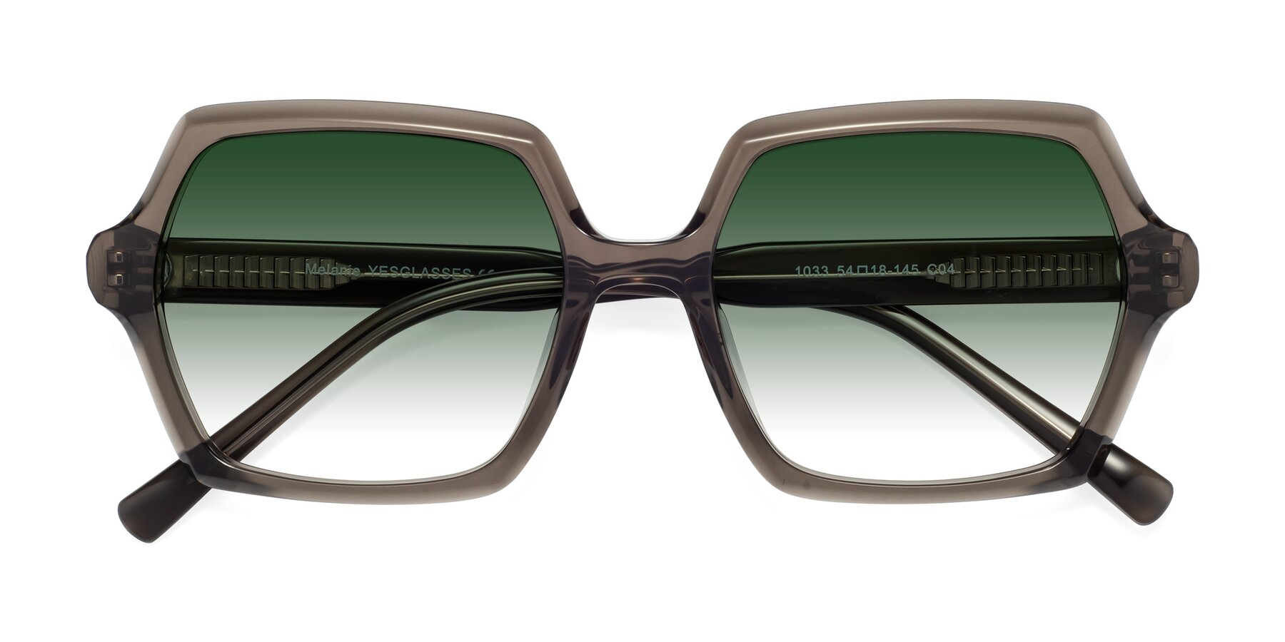 Folded Front of Melanie in Transparent Gray with Green Gradient Lenses
