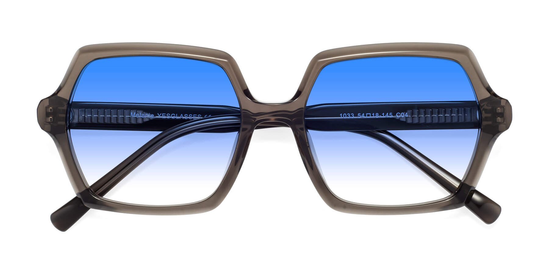 Folded Front of Melanie in Transparent Gray with Blue Gradient Lenses
