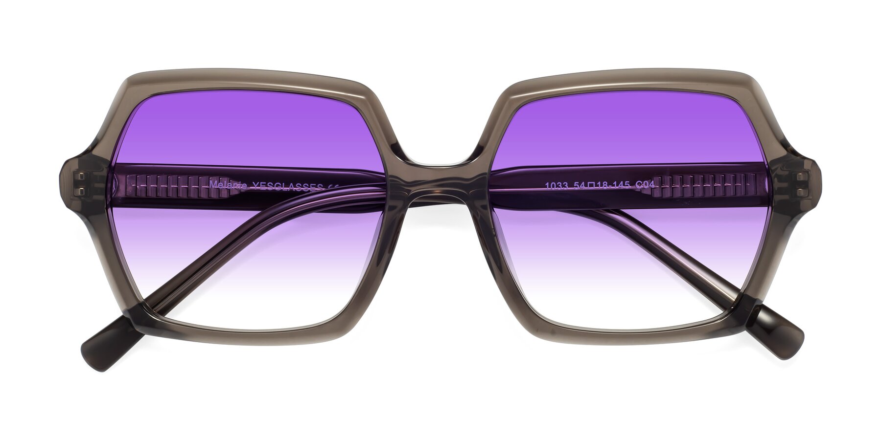 Folded Front of Melanie in Transparent Gray with Purple Gradient Lenses