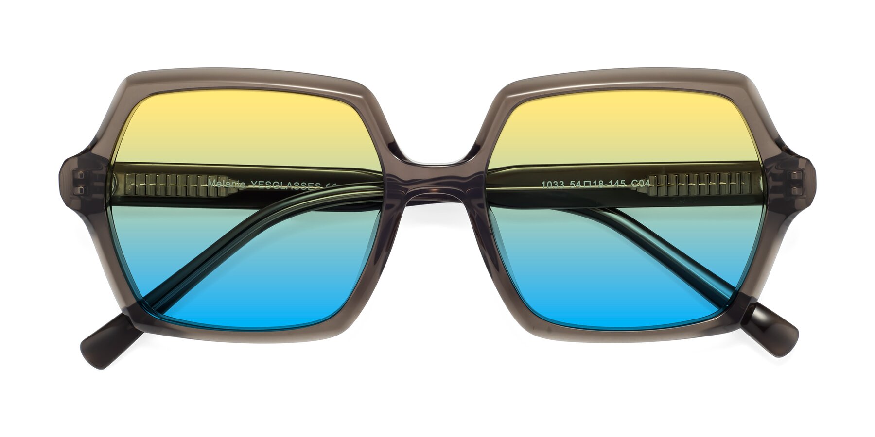 Folded Front of Melanie in Transparent Gray with Yellow / Blue Gradient Lenses
