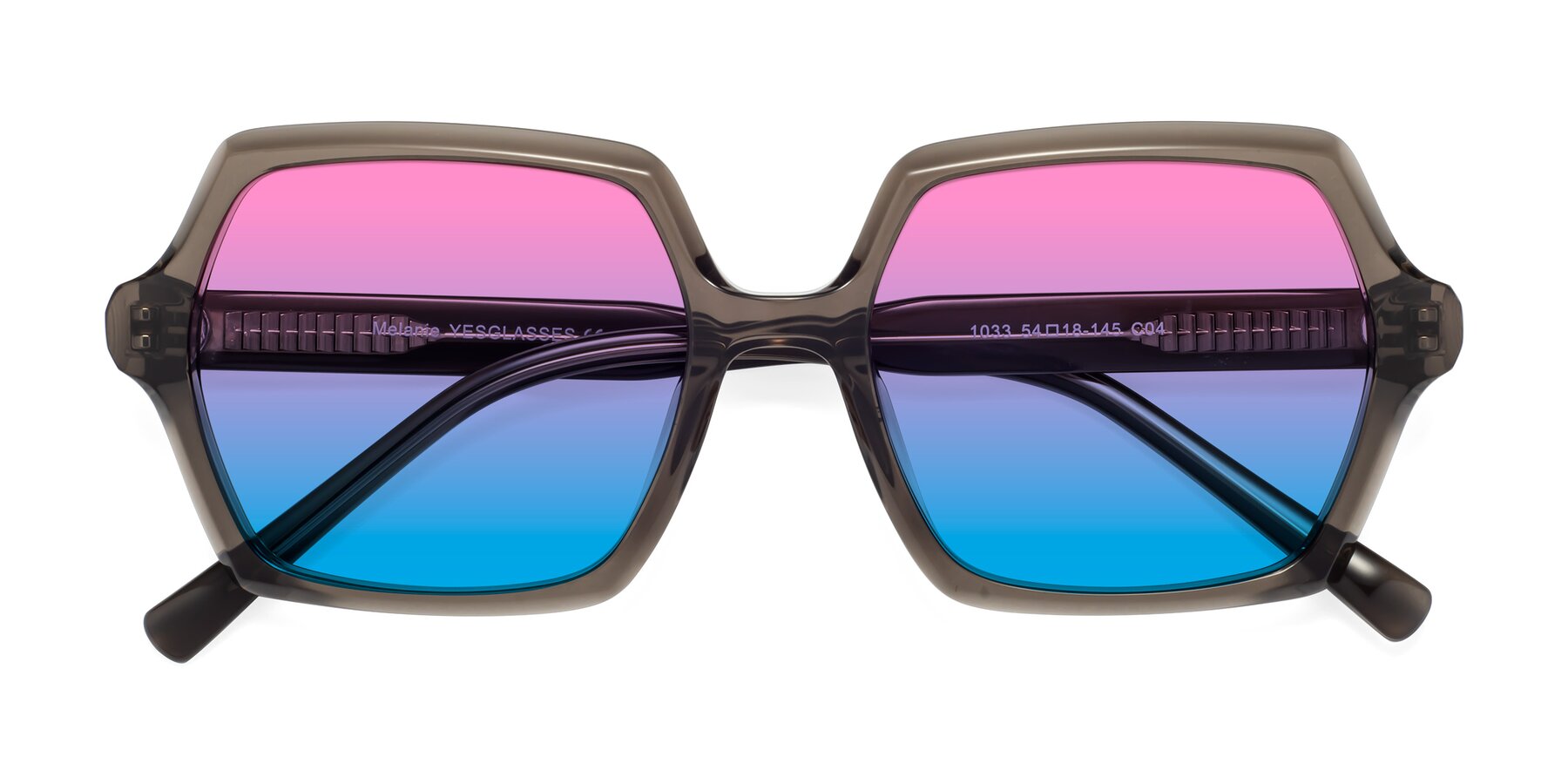 Folded Front of Melanie in Transparent Gray with Pink / Blue Gradient Lenses
